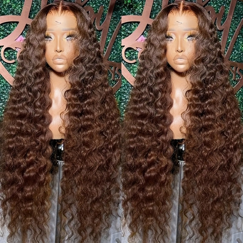 Chocolate Brown Deep Wave Lace Front Wigs Human Hair Wigs 13x6x1 All Inch Deep Curly Lace Front Wig 280% Density Pre Cut HD Water Wave Brazilian Virgin Wigs With Glueless Baby Hair #4 Deep Part Lace Wig Transparent Colored Wi